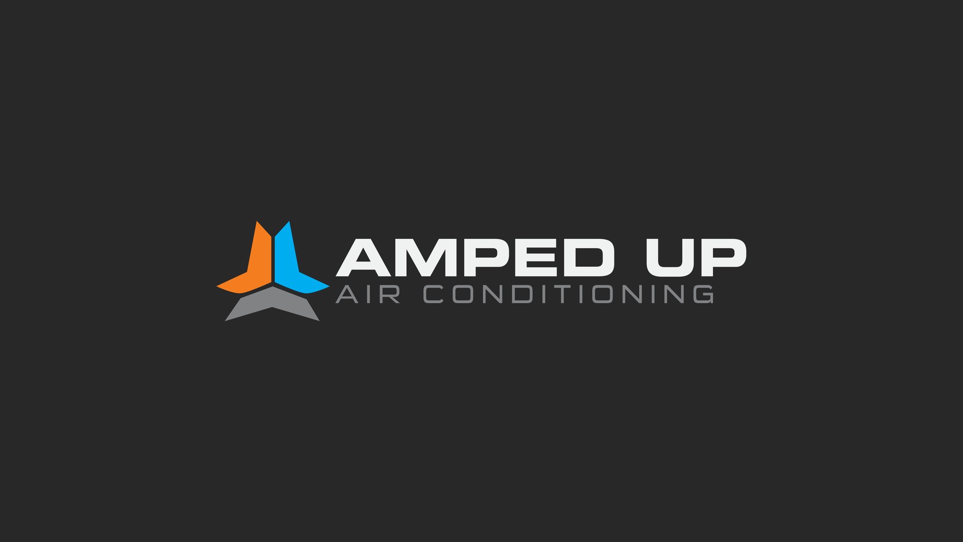 Amped Up Air Conditioning logo, an orange and blue tri-arrow mark with white lettering on charcoal