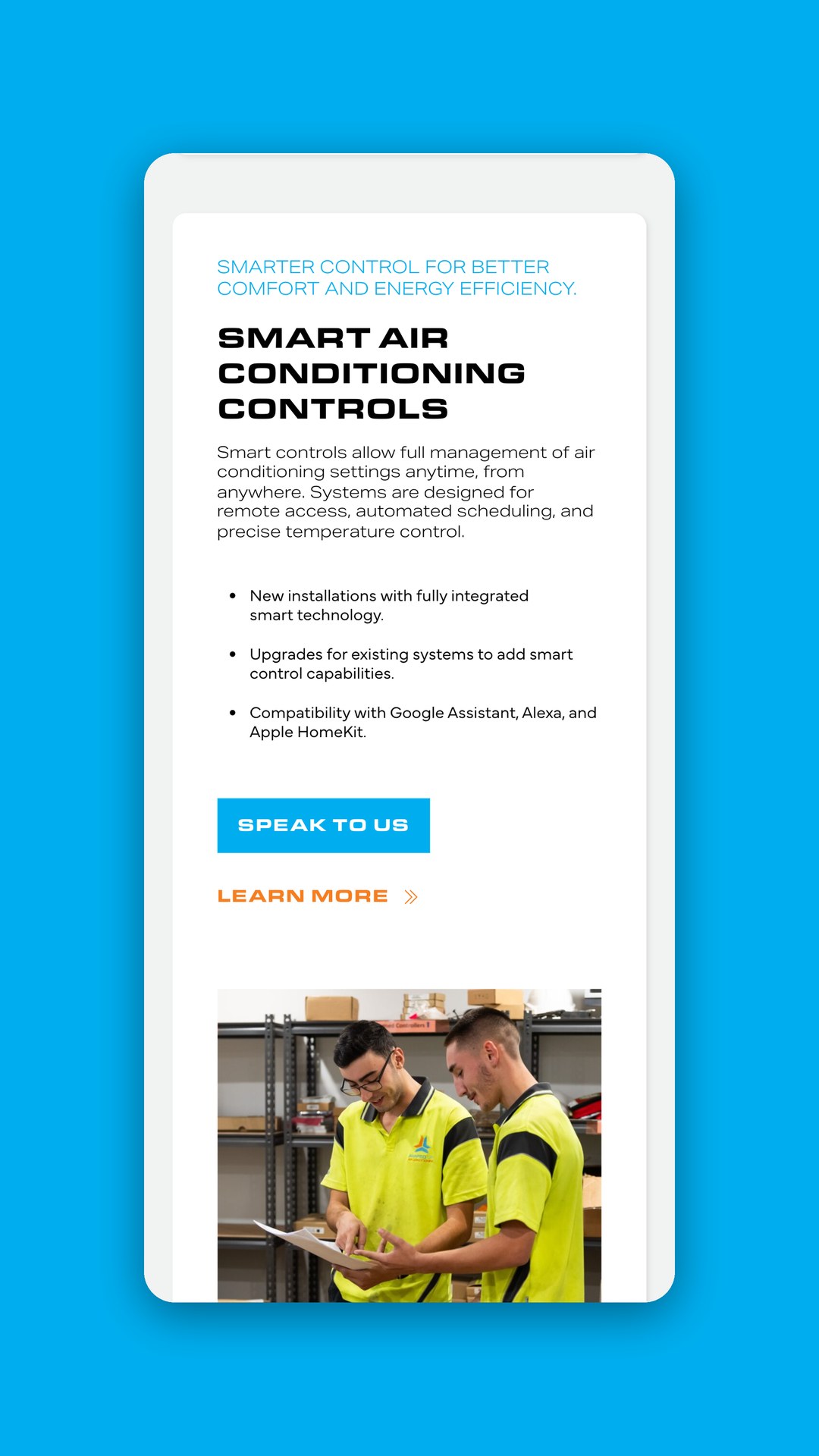 Mobile view of the smart air conditioning controls page