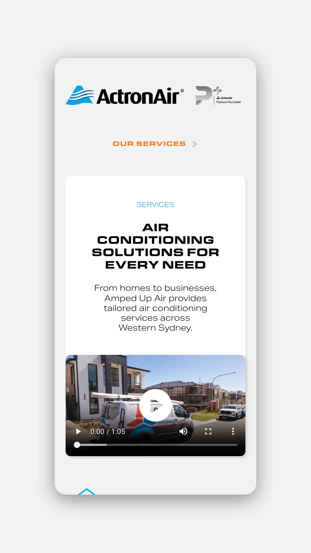 Amped Up Air Conditioning mobile ActronAir services page with a video