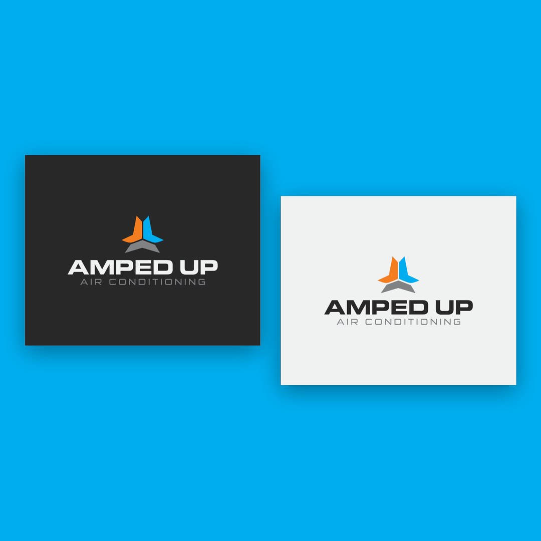 Amped Up Air Conditioning logo on a dark card and a light card