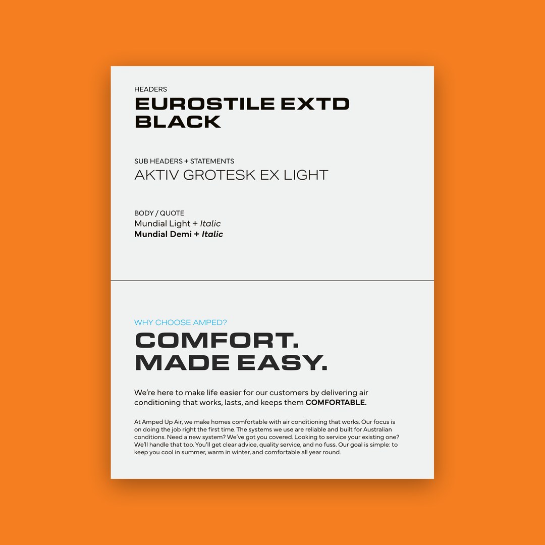 Brand typography sheet with headline and body fonts and the line Comfort. Made easy.