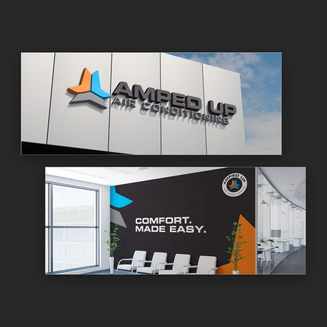 Amped Up Air Conditioning logo as 3D building lettering and on an office feature wall