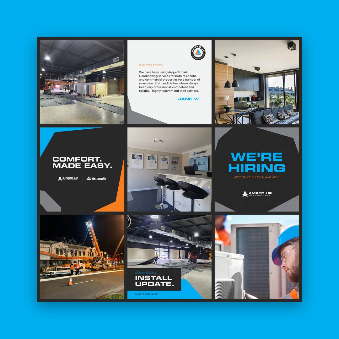 Amped Up Air Conditioning social media grid of install photos and a hiring post