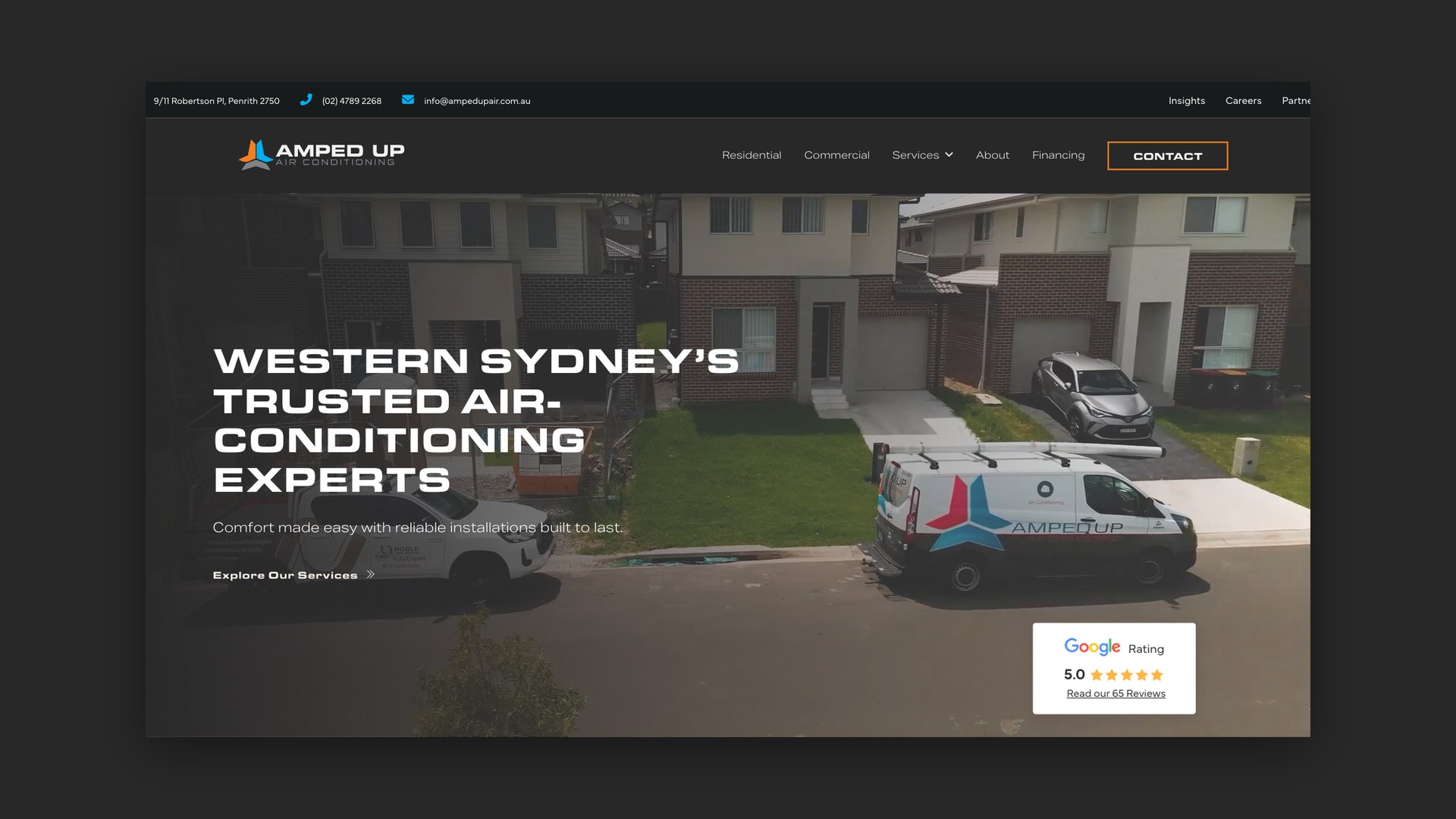 Amped Up Air Conditioning website, homepage headed Western Sydney's trusted air-conditioning experts