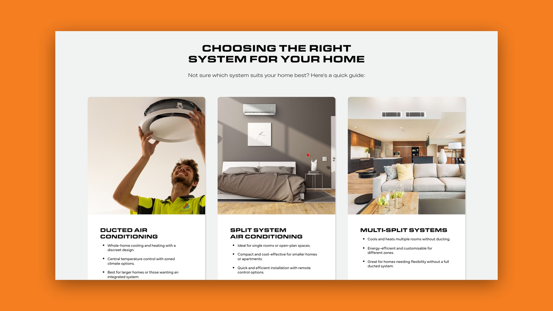 Website page for choosing the right air conditioning system for your home