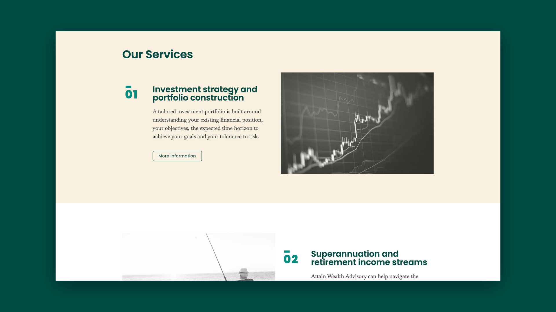 Website services page with investment strategy and a market chart photo