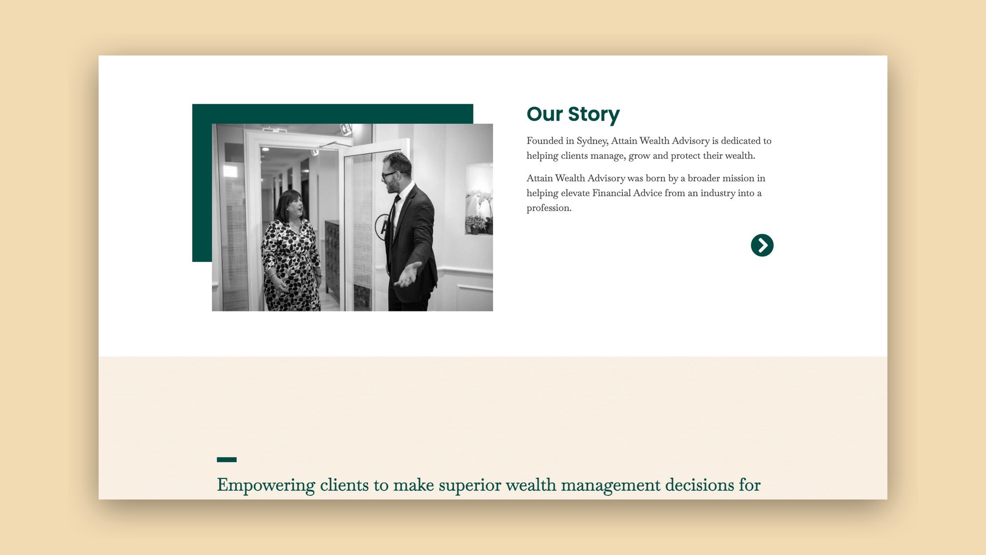 Attain Wealth Advisory website Our Story page with a photo of two people entering a building