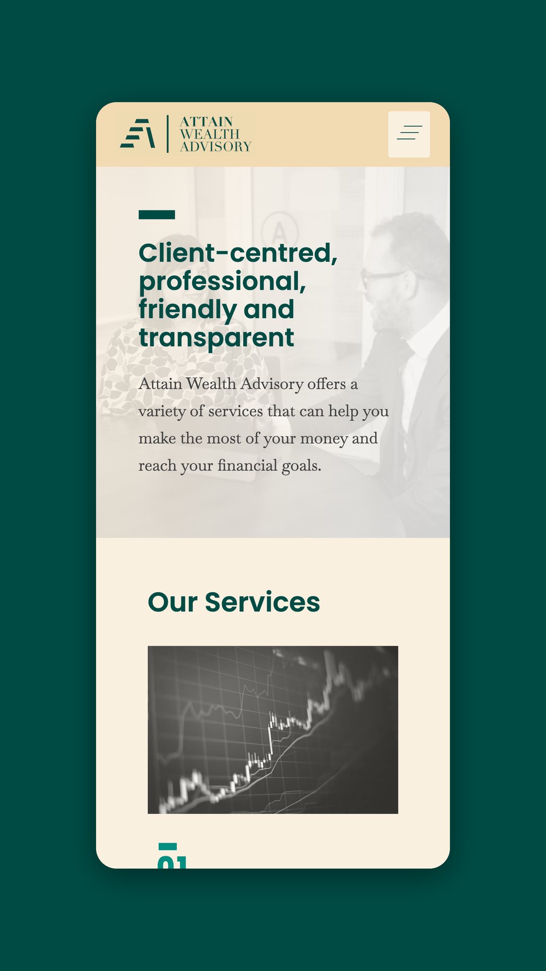Attain Wealth Advisory mobile homepage with the line Client-centred, professional, friendly and transparent