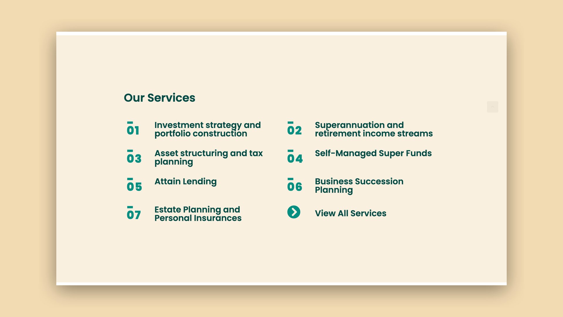 Attain Wealth Advisory website Our Services page listing seven services