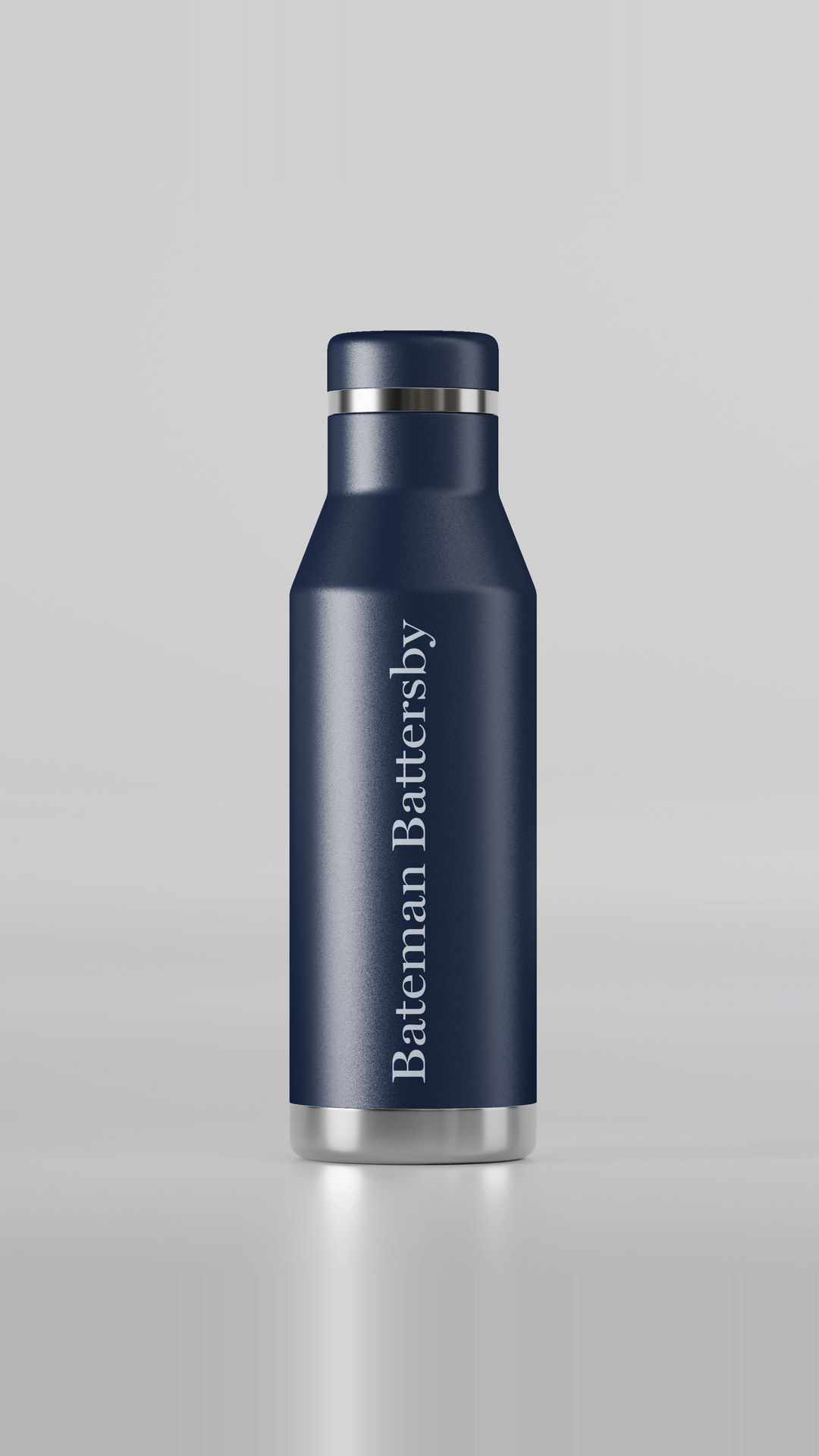 Navy water bottle printed with Bateman Battersby