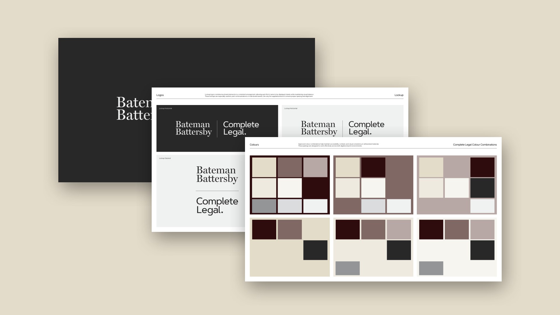Brand guide pages showing stone, burgundy and charcoal colour palettes