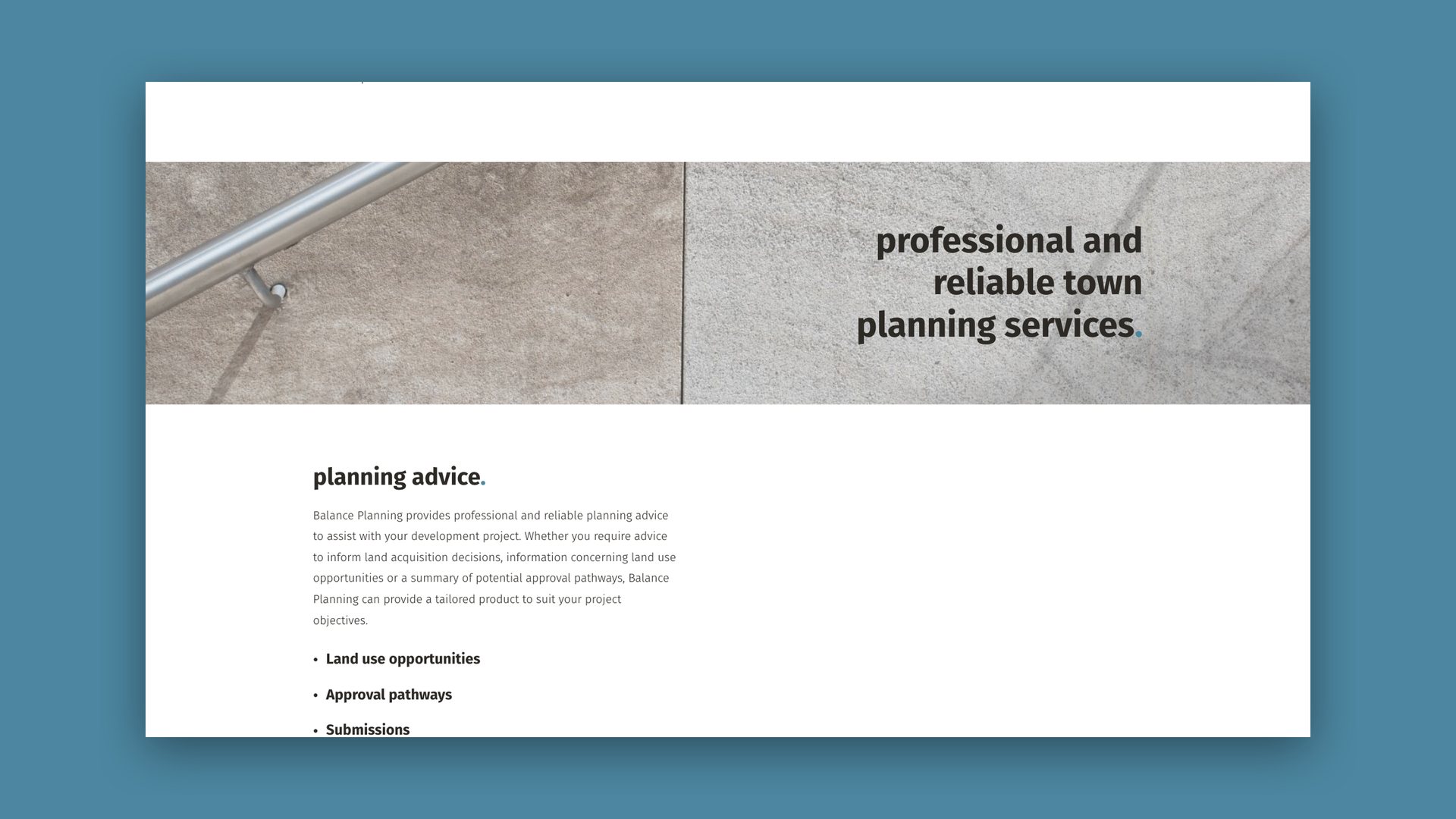 Website planning advice page headed Professional and reliable town planning services