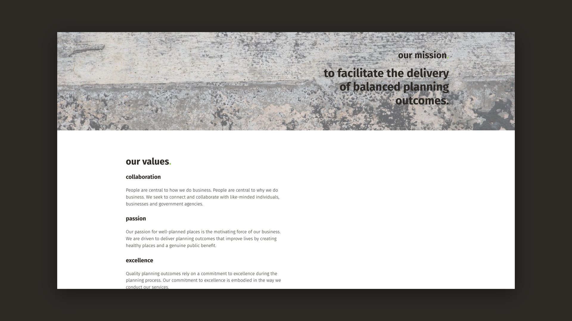 Website mission and values page covering collaboration, passion and excellence