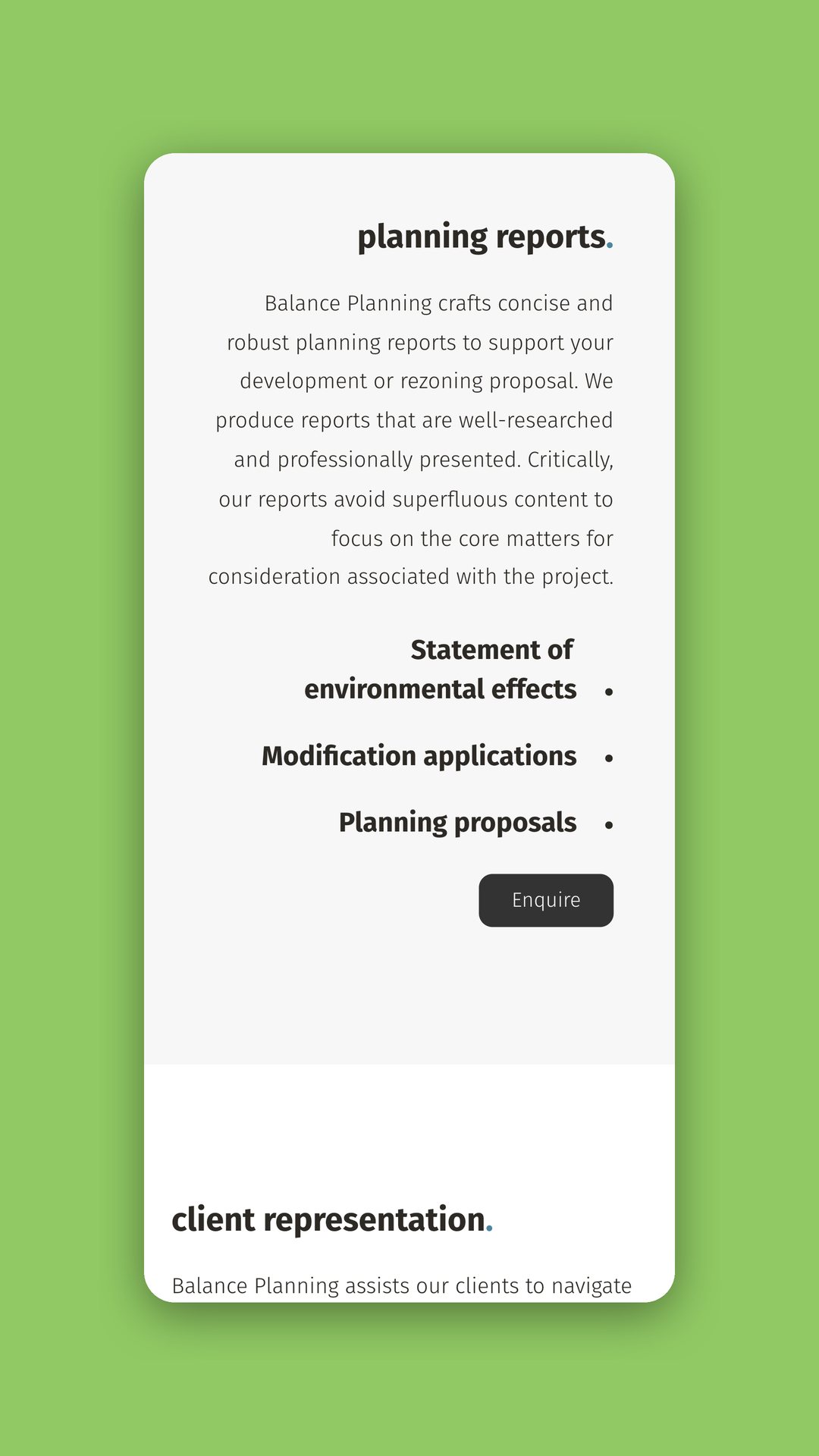 Mobile view of the planning reports page with a list of report types