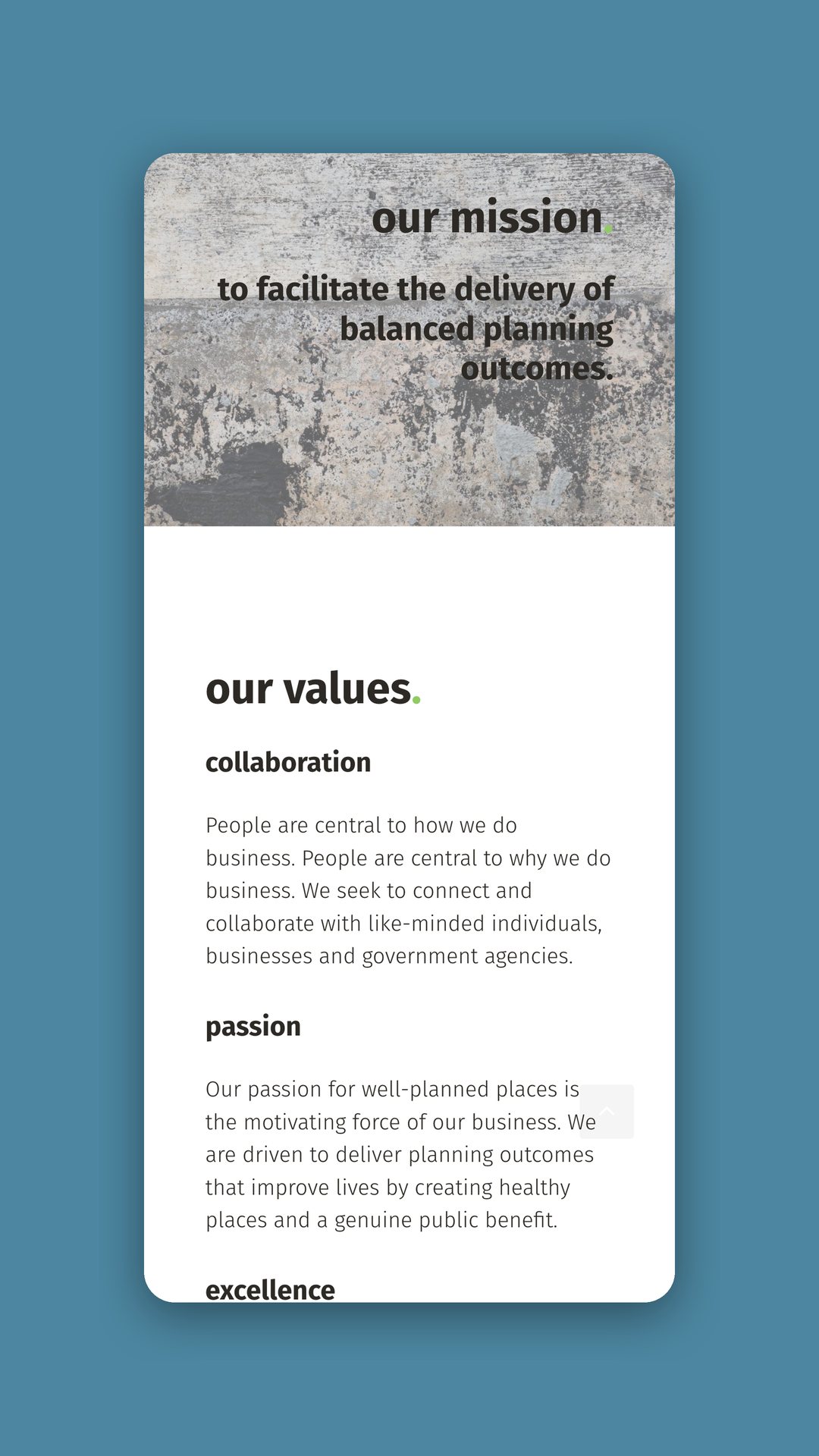 Mobile view of the mission and values page