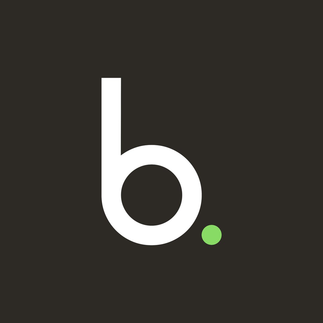 Balance Planning lowercase b monogram with a green dot, in white on charcoal