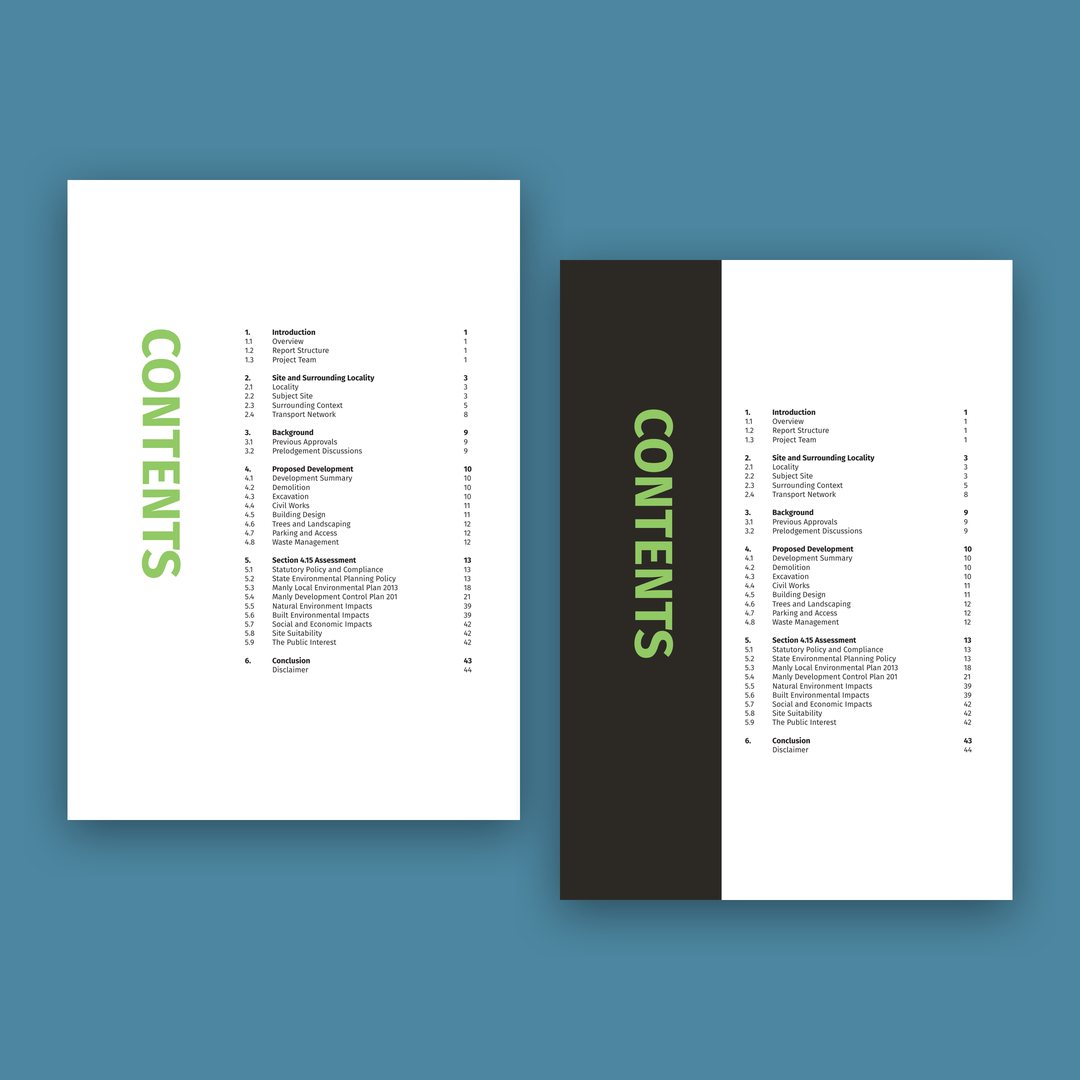 Report contents page templates in green and blue