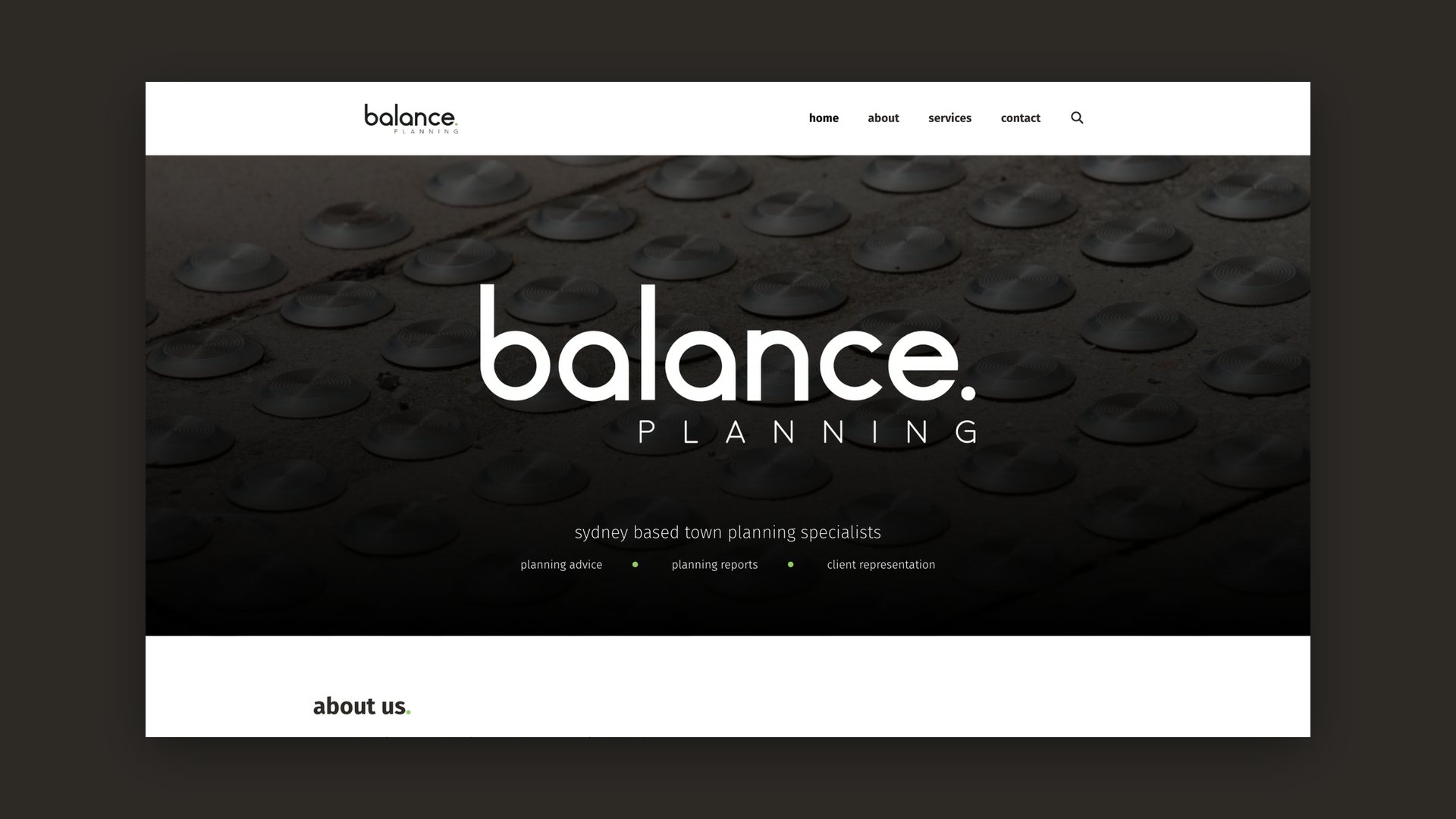 Balance Planning website homepage with the logo over a textured dark image