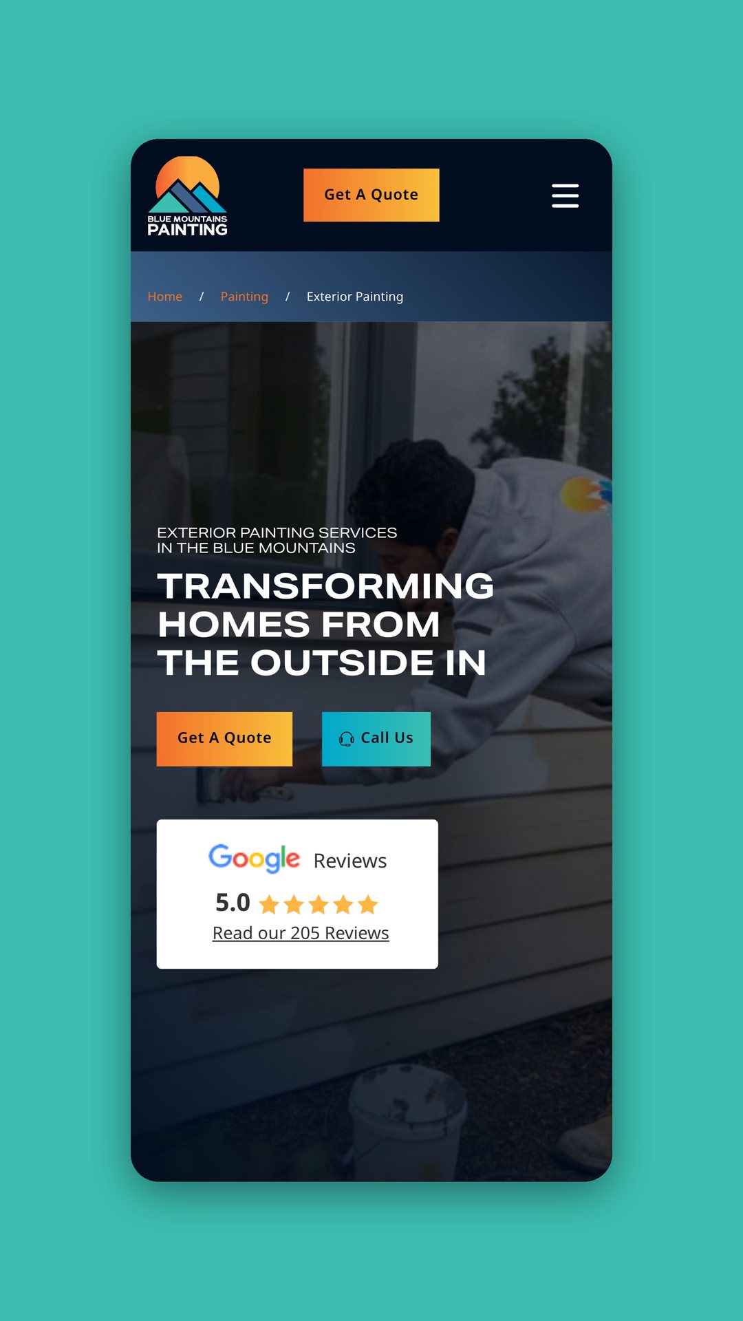 Blue Mountains Painting mobile exterior painting page with a Google reviews badge
