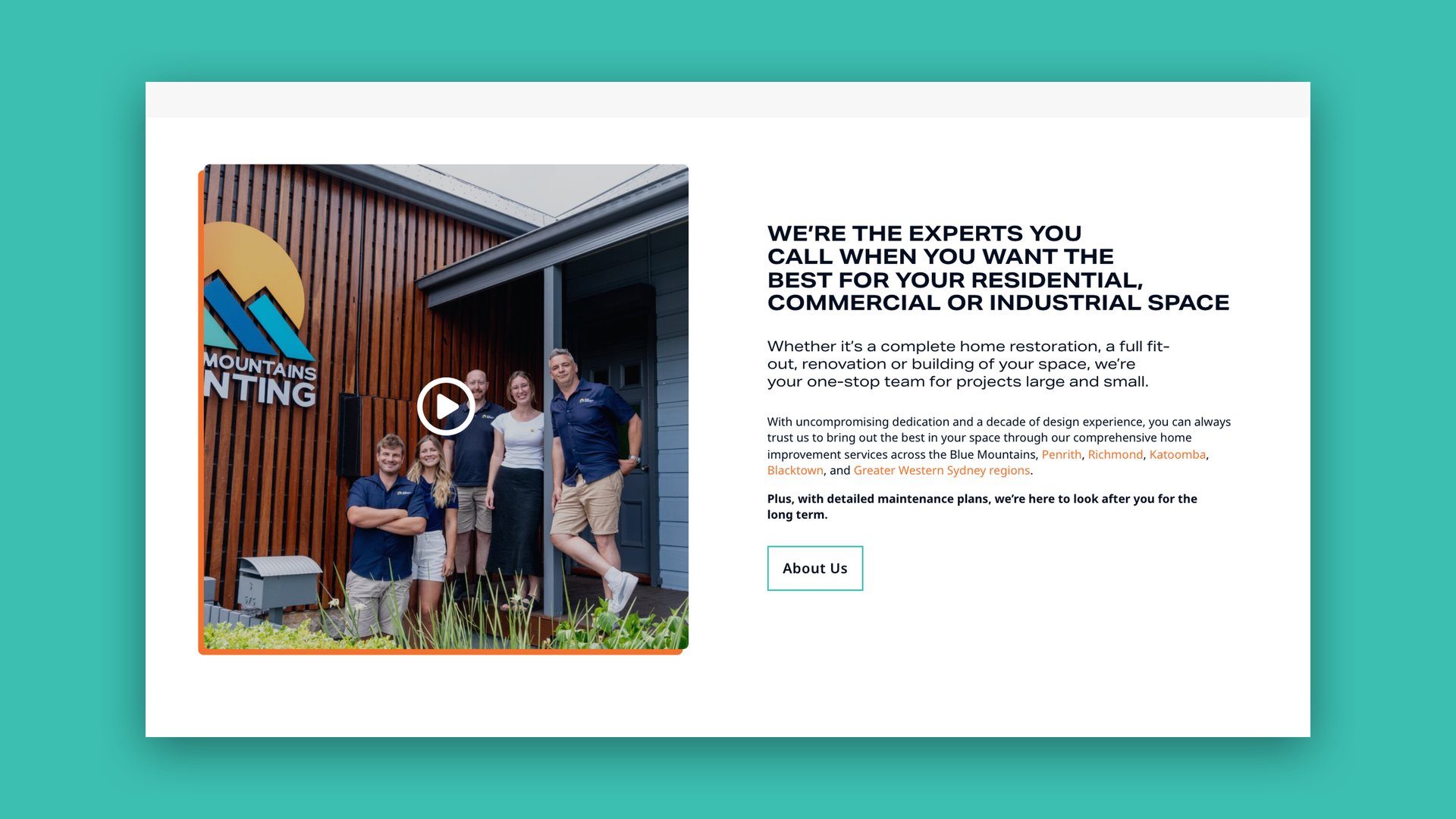 Website About page, headed We're the experts you call when you want the best for your space