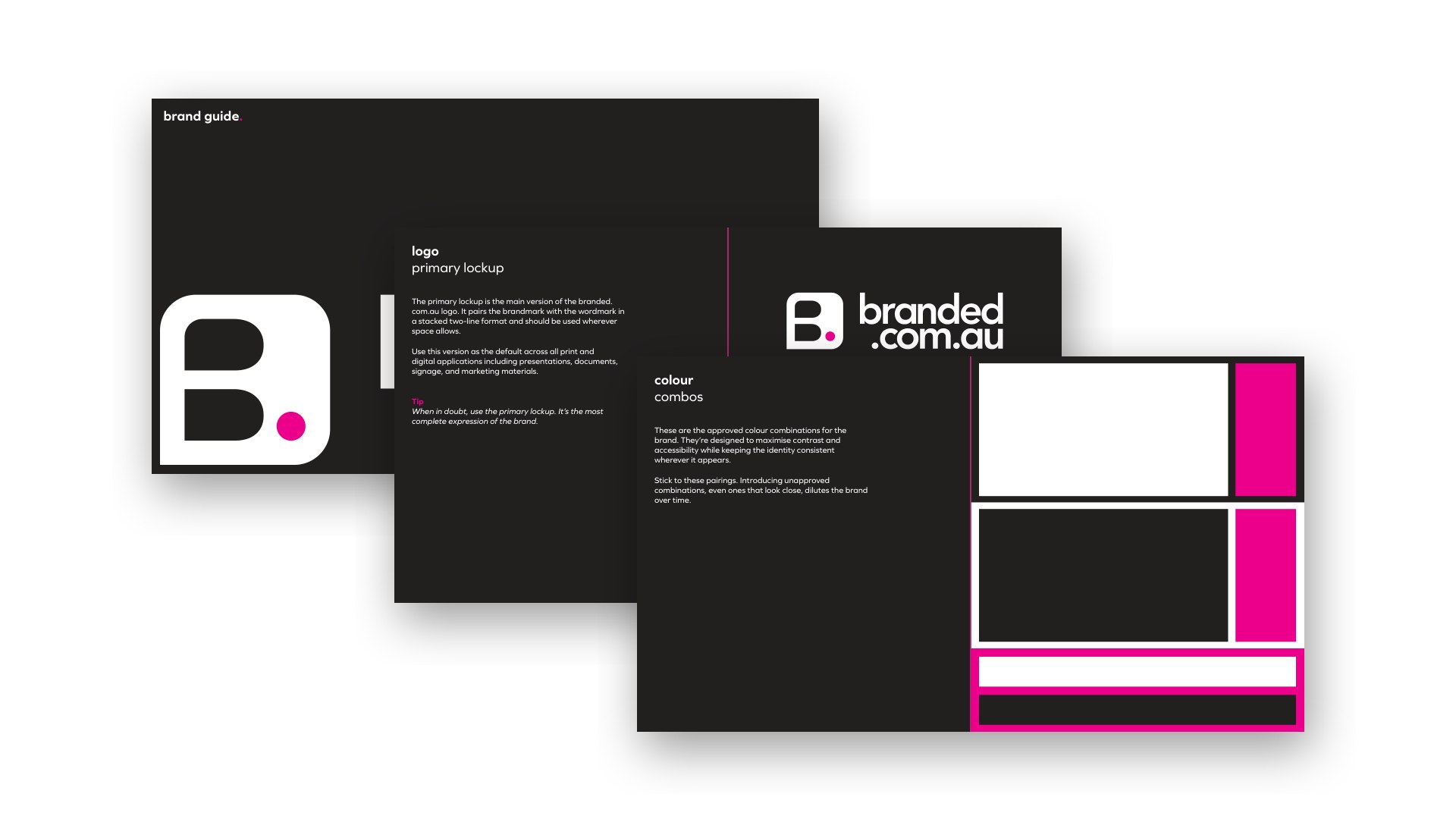 Brand guide pages in black with the B mark and a pink accent