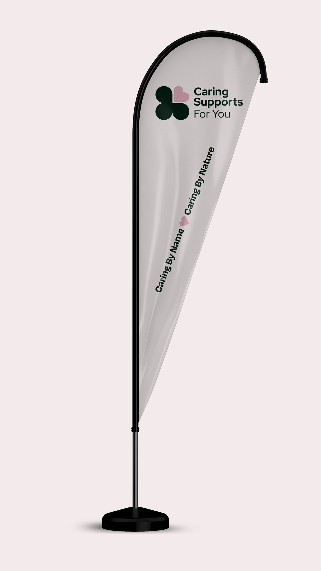 Teardrop flag with the logo and the line Caring By Nature