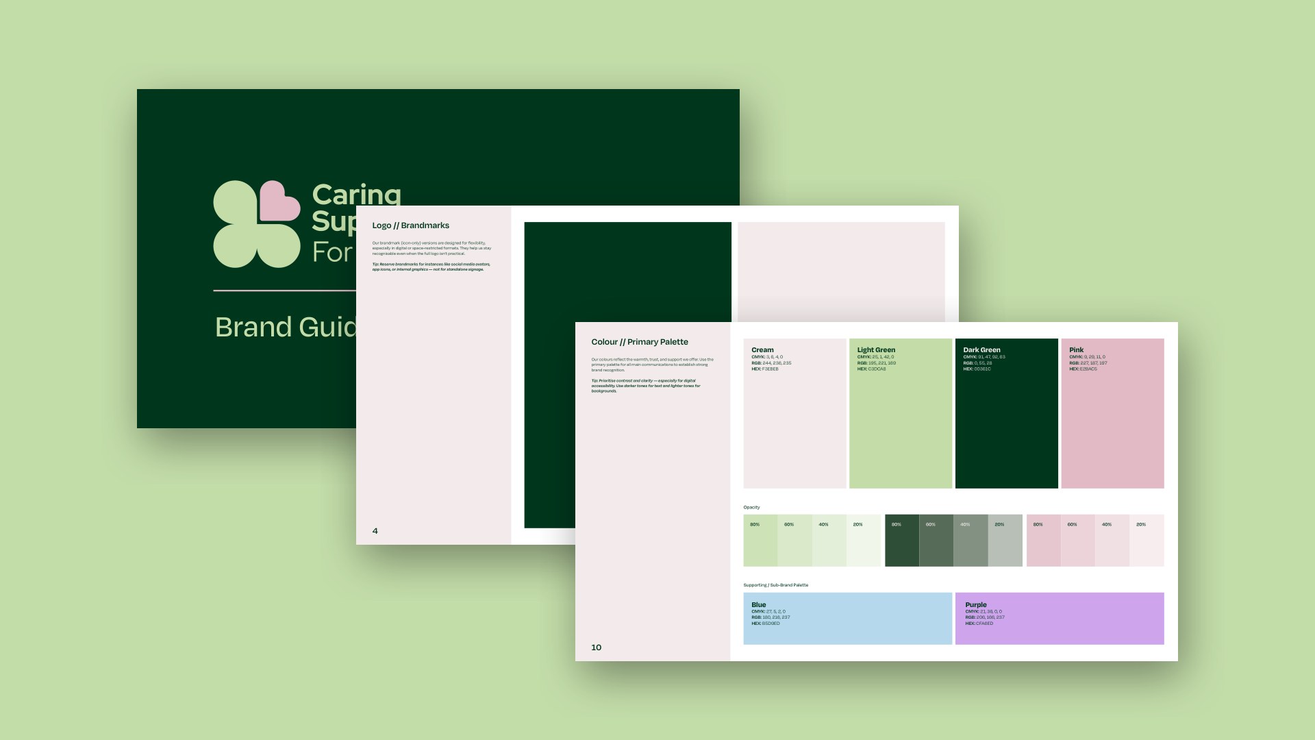 Brand guide pages on a light green background