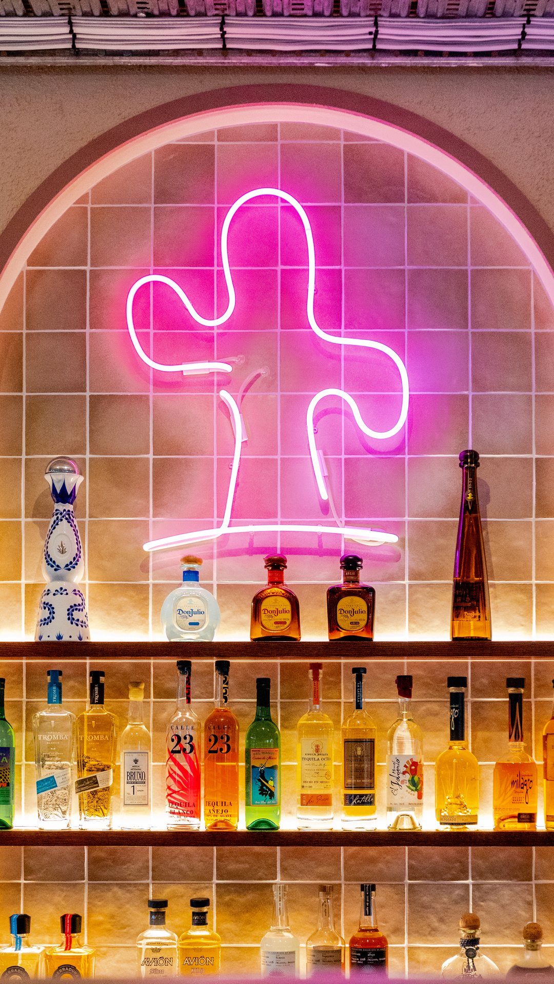 Pink neon cactus above shelves of tequila bottles at the Checho’s bar