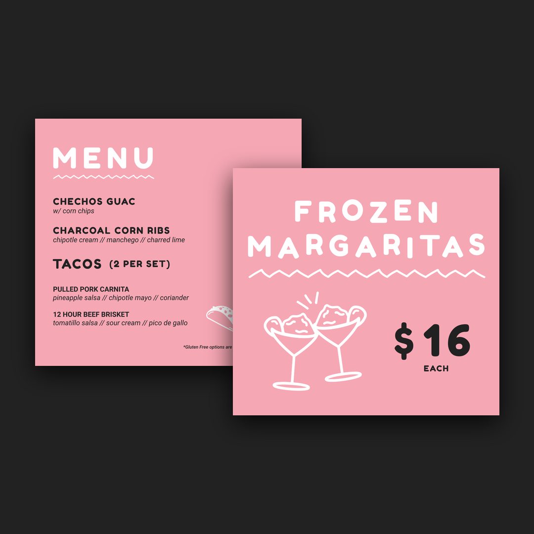 Checho’s menu card and frozen margaritas card with white line illustrations