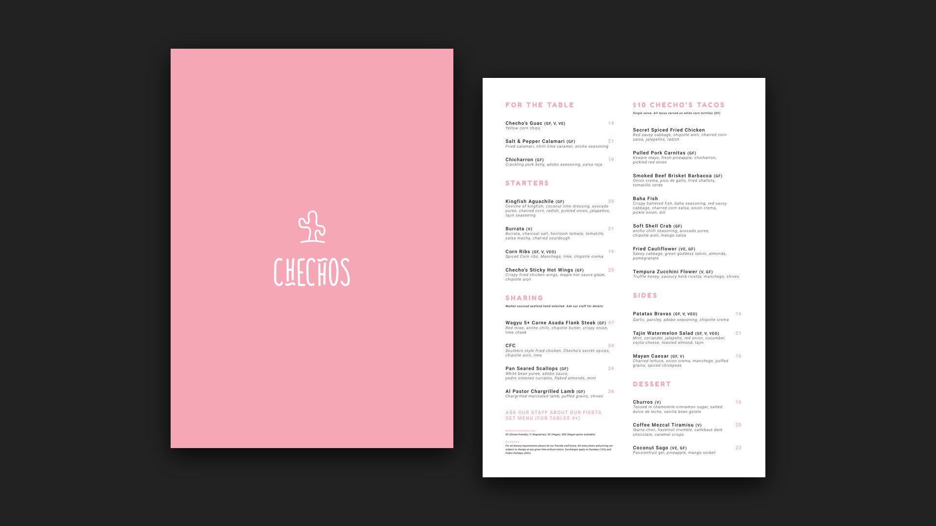 Pink menu cover with the cactus logo beside a printed food menu