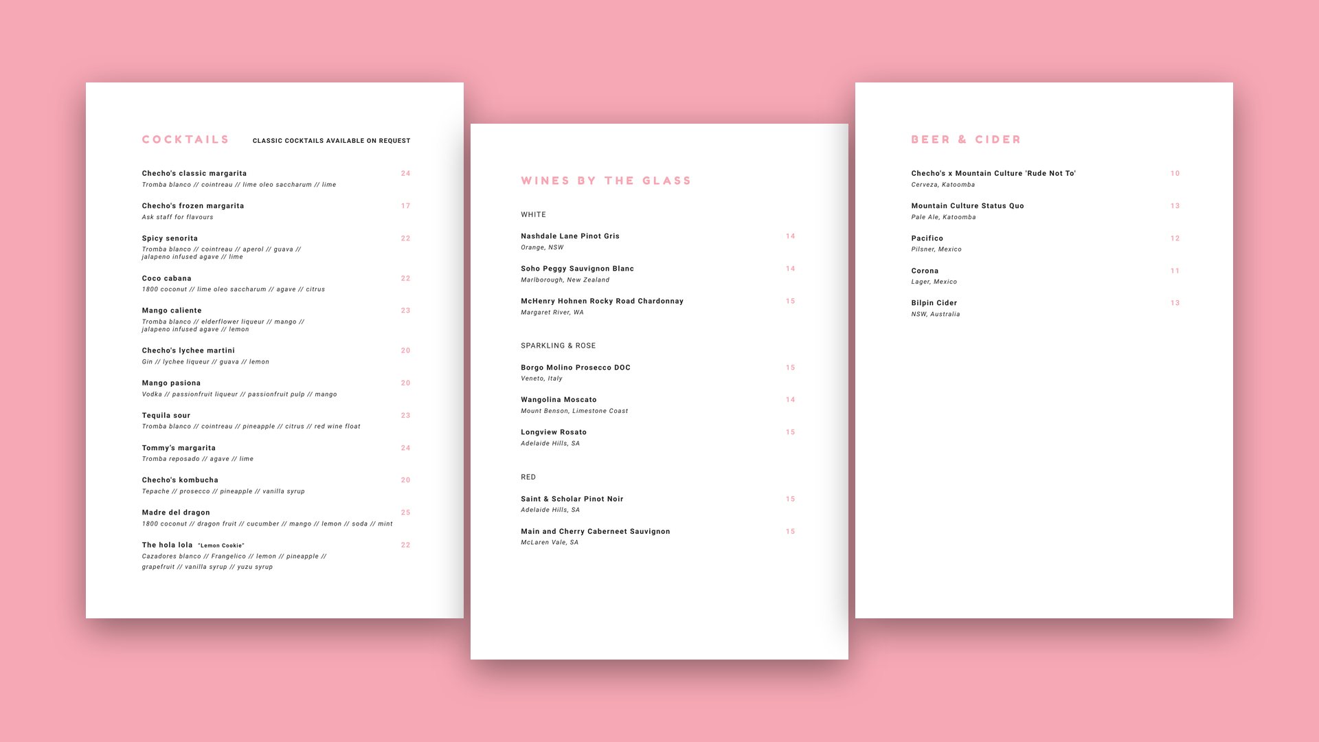Cocktail, wine and beer menu pages on pink