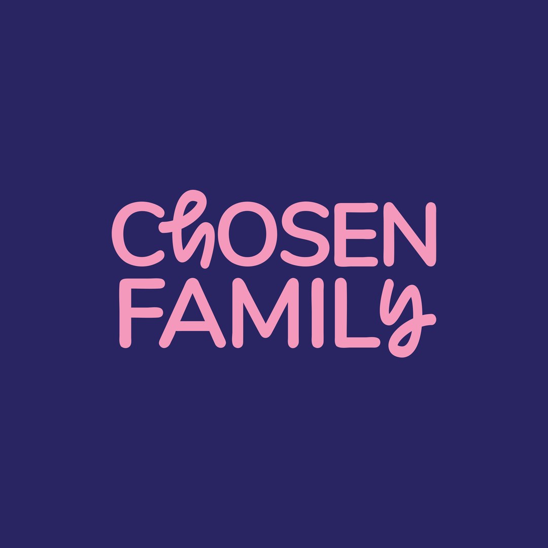 Hand-lettered Chosen Family wordmark in pink on navy