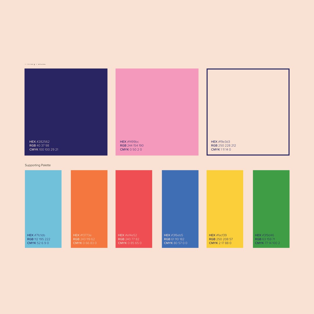 Chosen Family colour palette of navy, pink and cream with six supporting colours