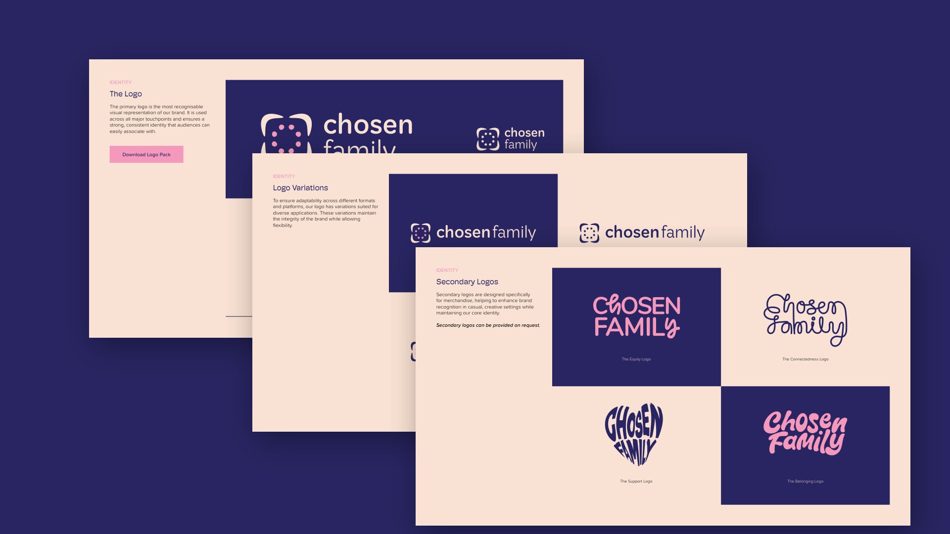 Chosen Family brand guide pages showing primary and secondary logos