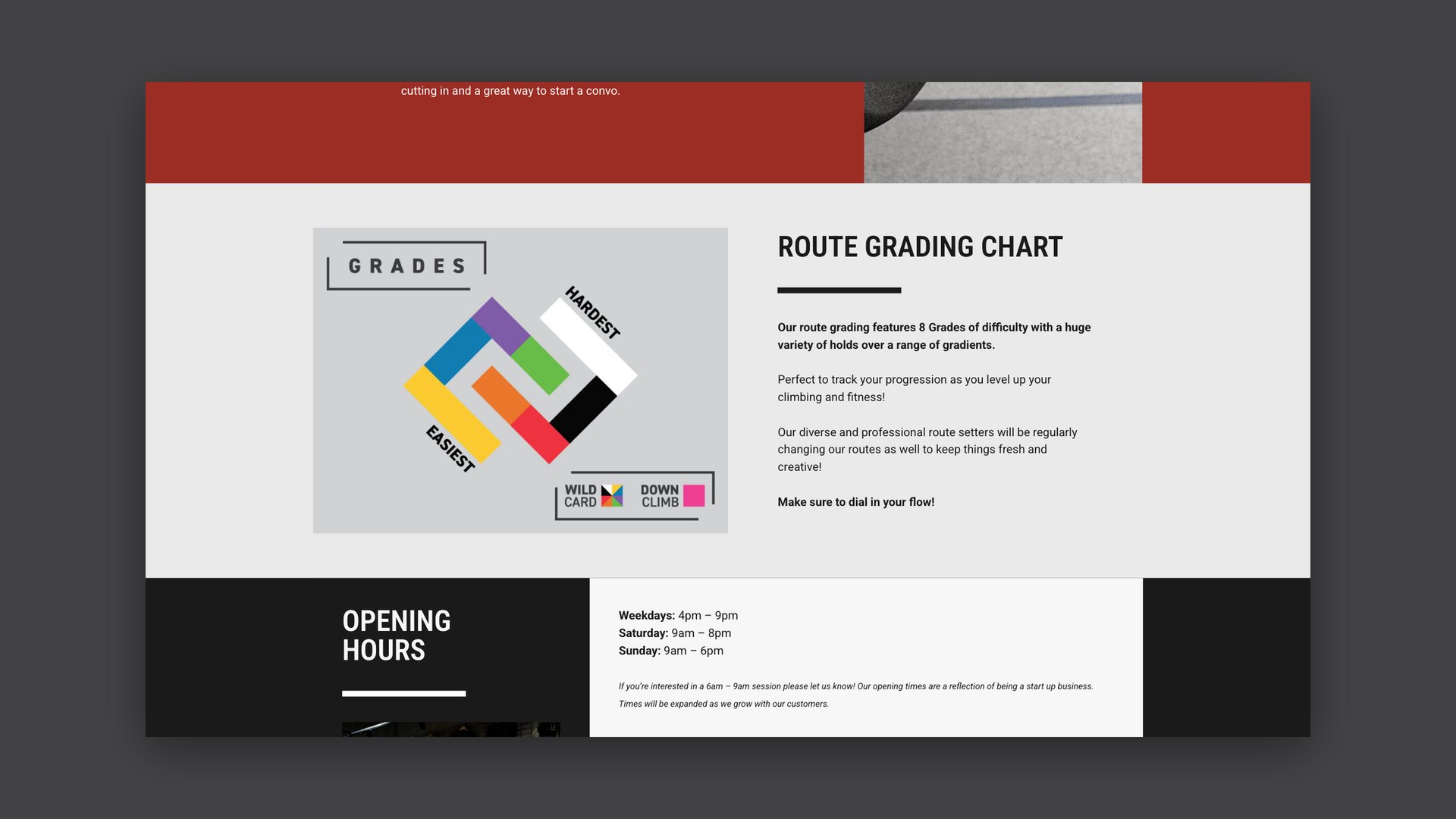 Website route grading chart page with opening hours below