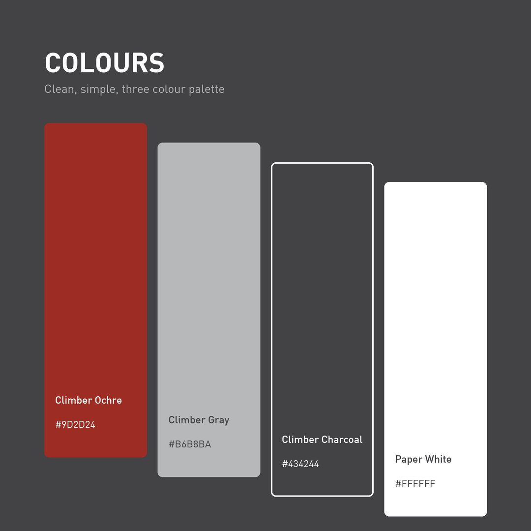 Colour palette of Climber Ochre, Climber Gray, Climber Charcoal and Paper White
