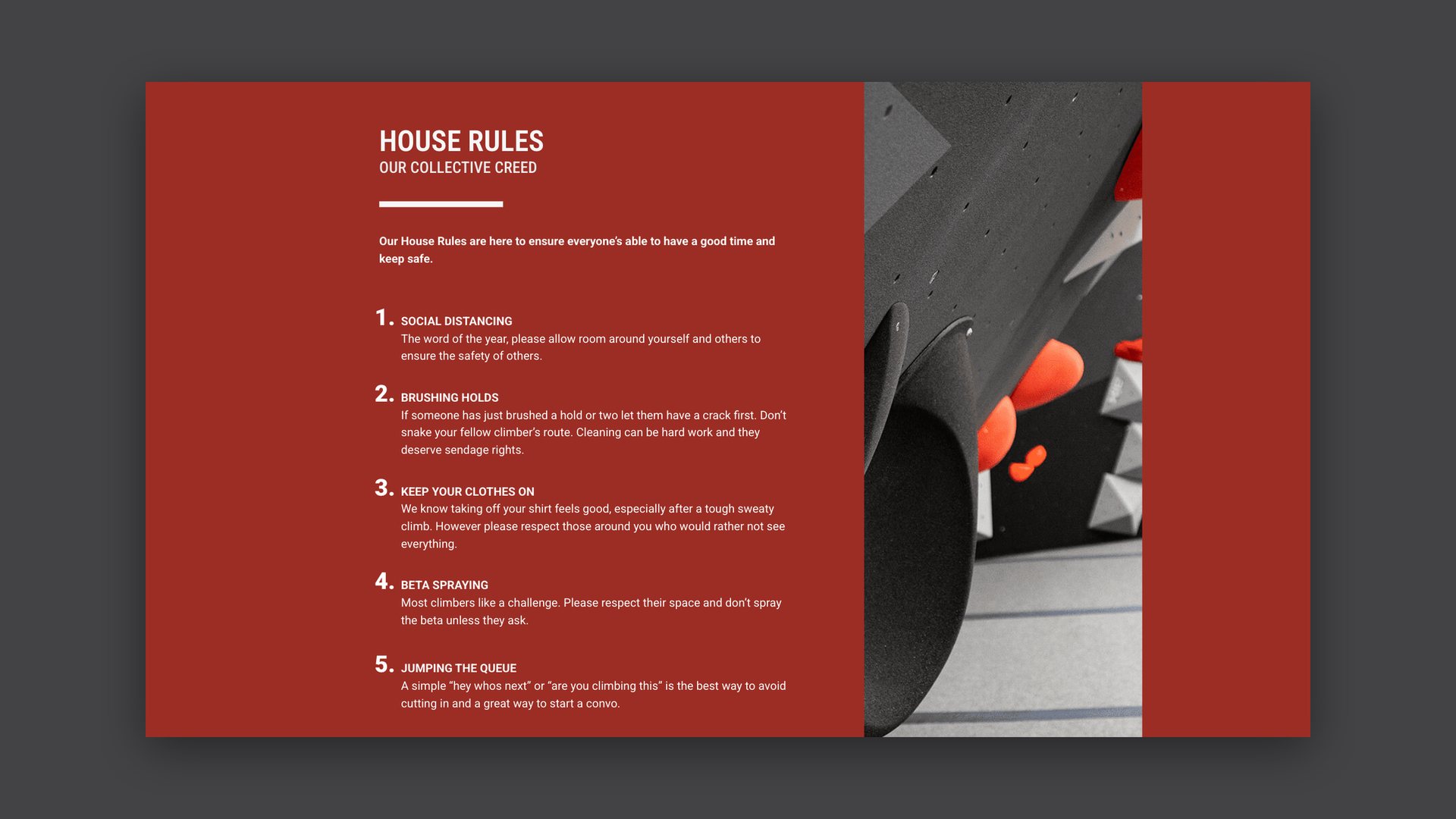 Website house rules page with numbered rules beside a photo of the wall
