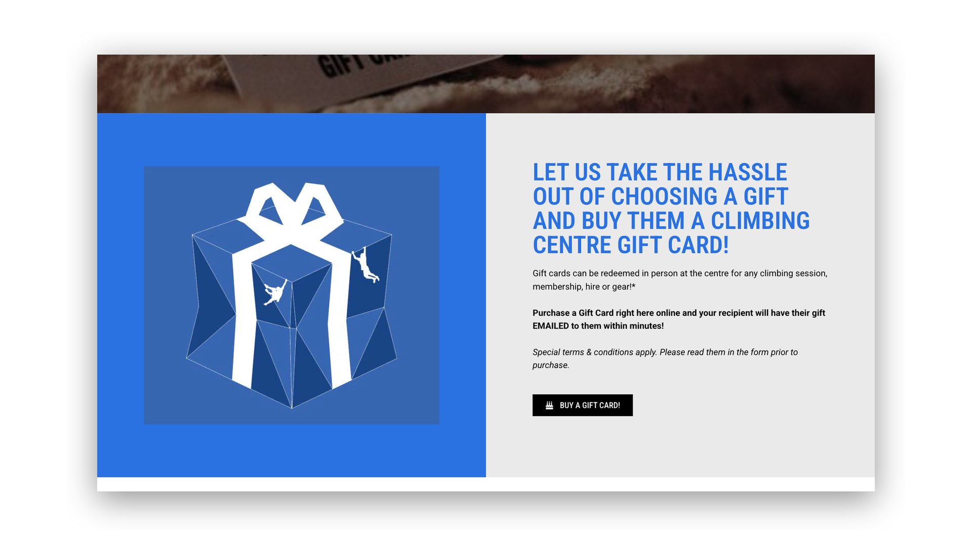 Website gift cards section with a gift box illustration