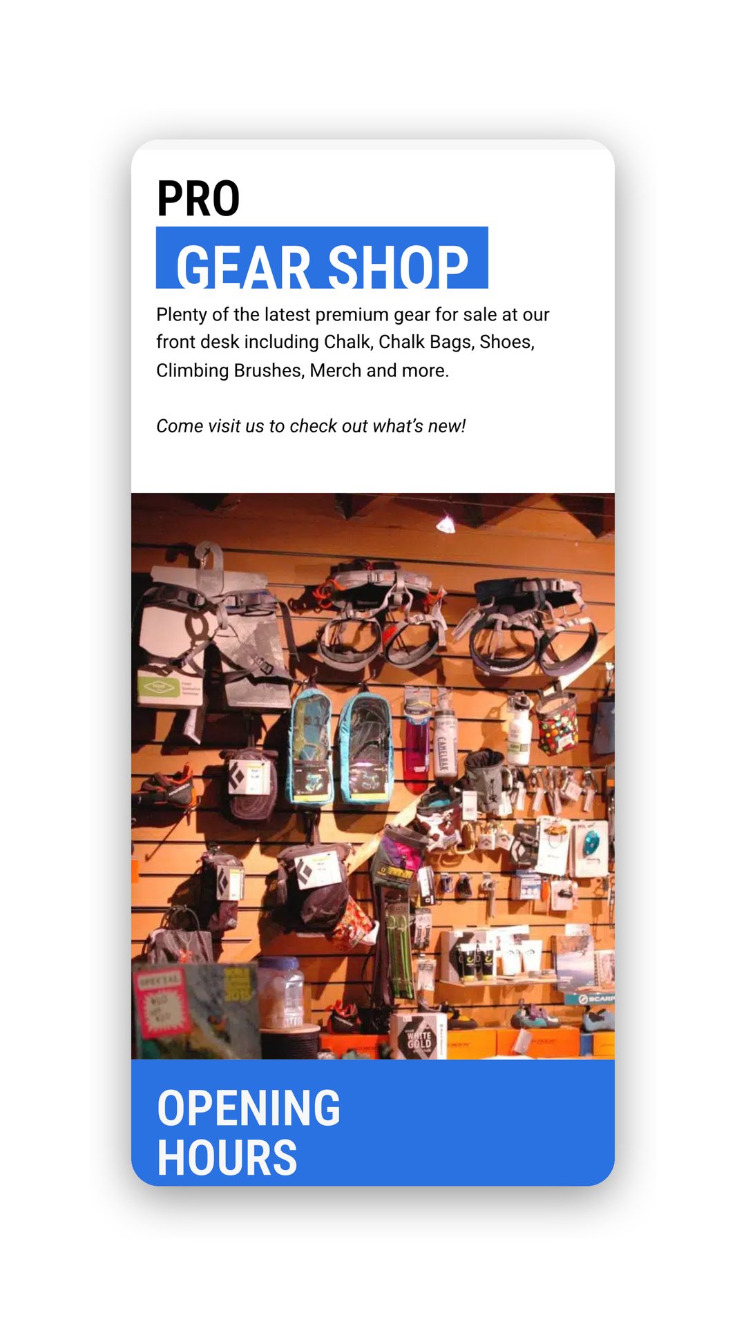 Mobile view of the pro gear shop page with a photo of gear on a wall