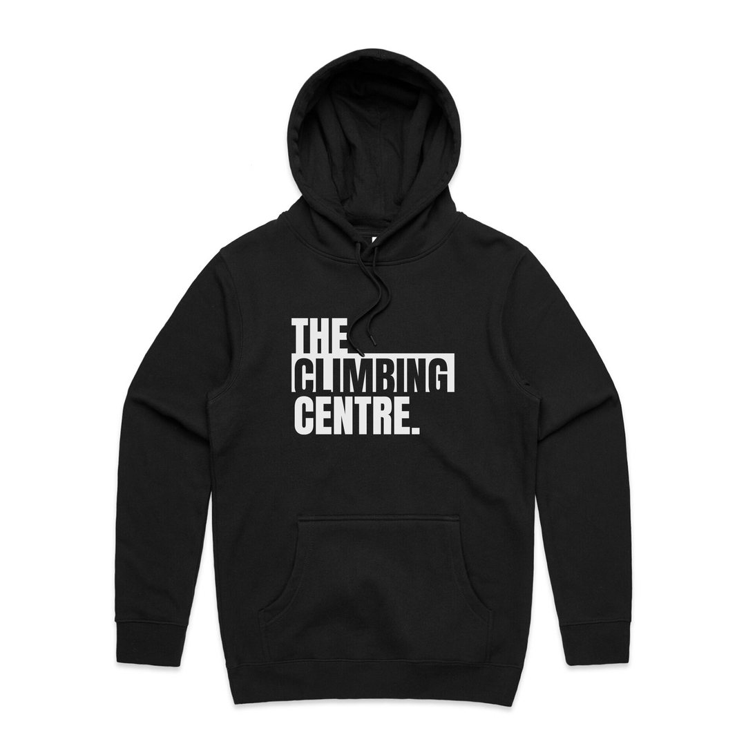 Black hoodie printed with The Climbing Centre stacked wordmark