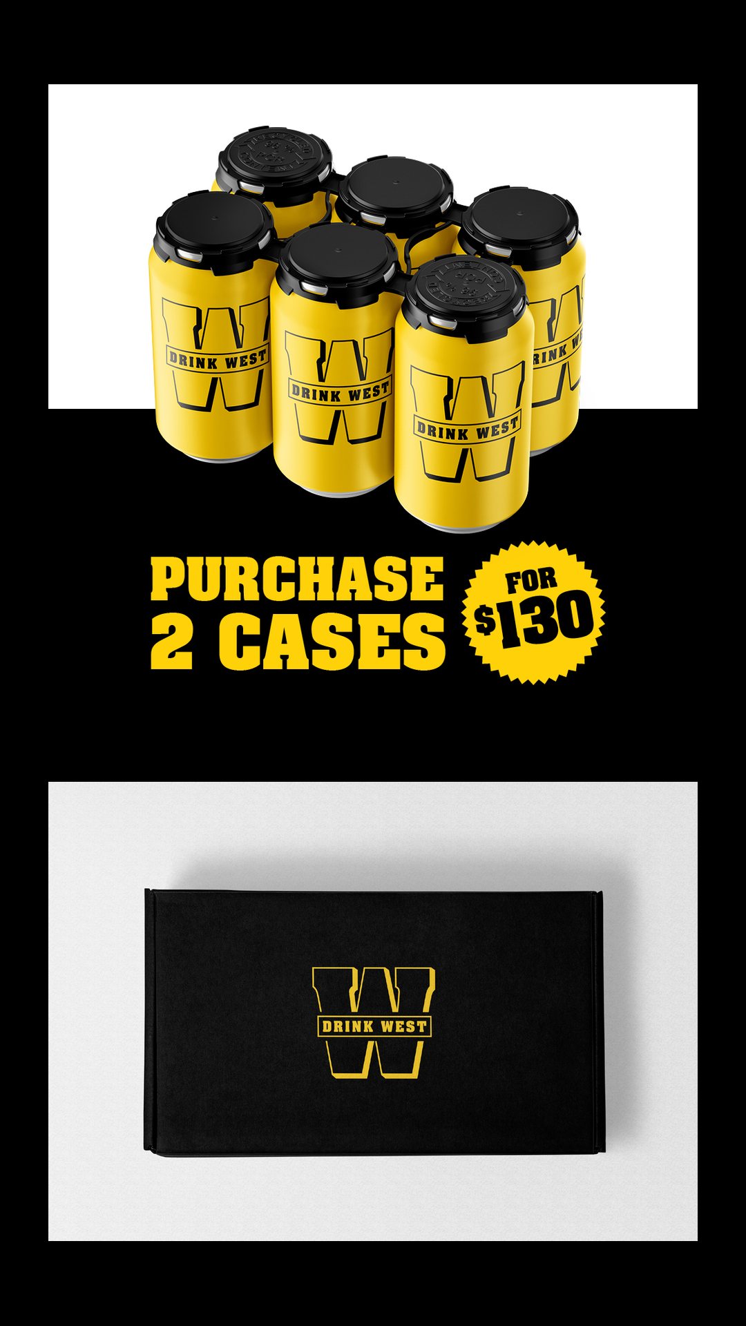 Promo post for two cases, with a six pack of yellow cans above a black gift box