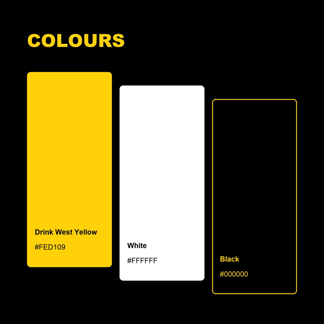 Colour palette of Drink West Yellow, white and black