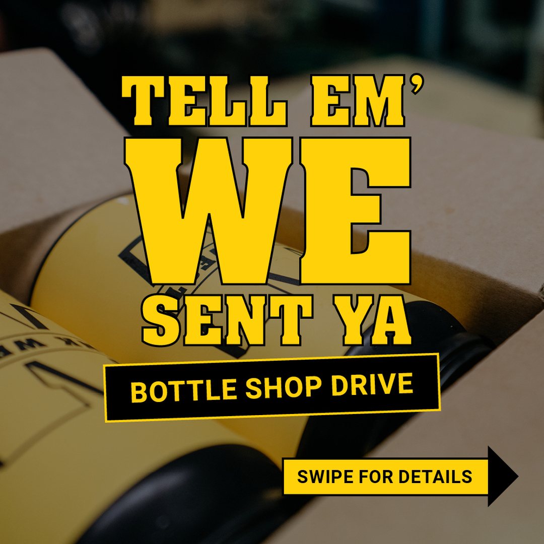 Social post reading Tell em we sent ya, Bottle shop drive, over a photo of cartons