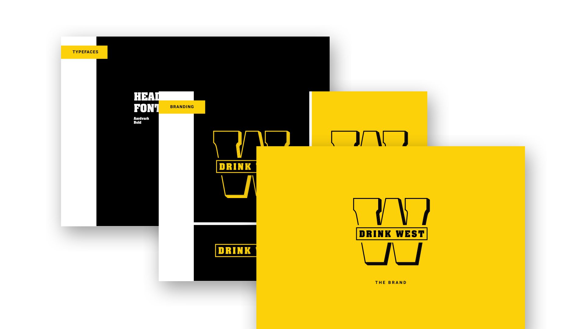 Brand guidelines pages showing typography and the W logo on yellow and black