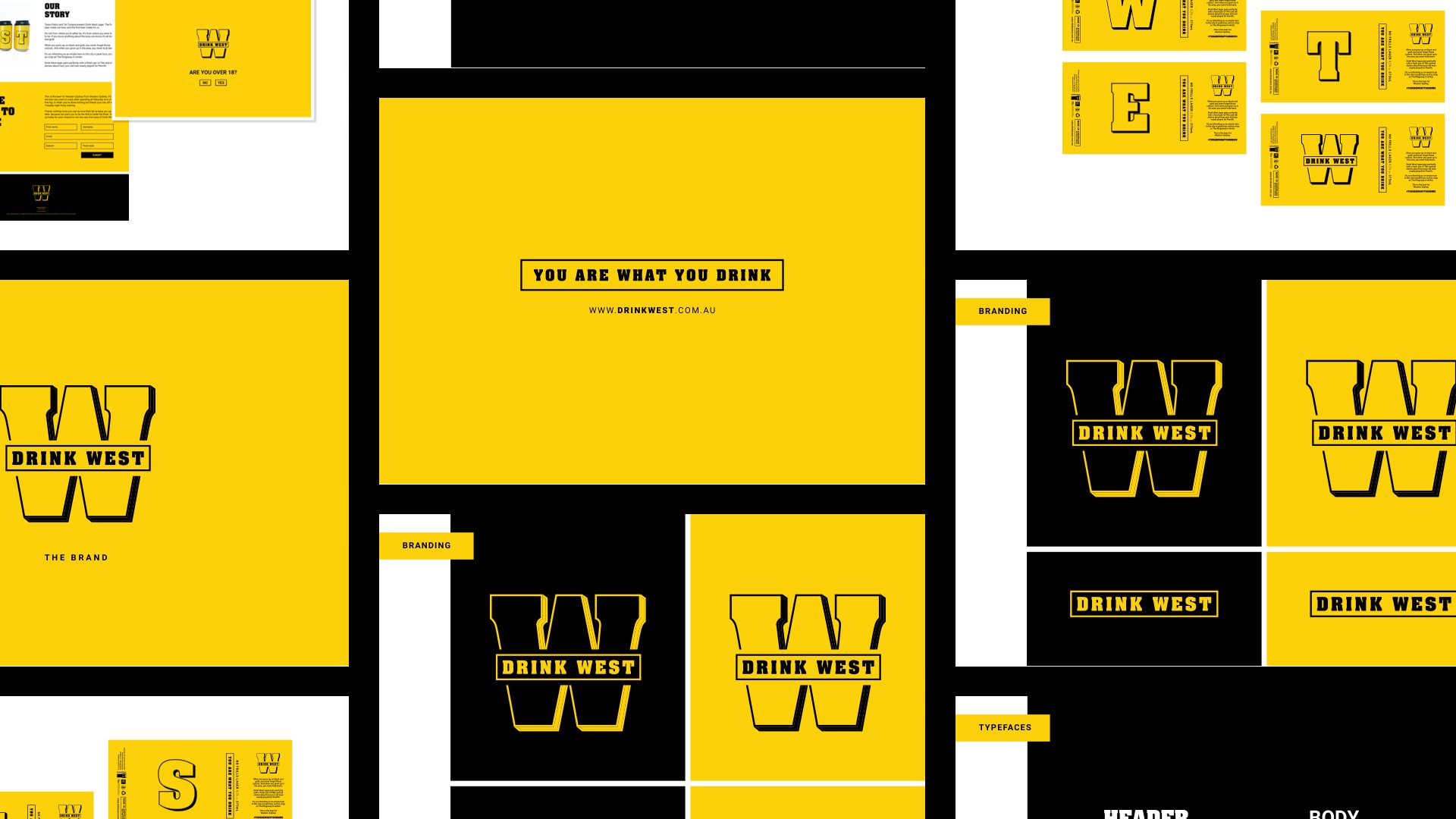 Brand guidelines spread with the logo, tagline and blocks of yellow and black