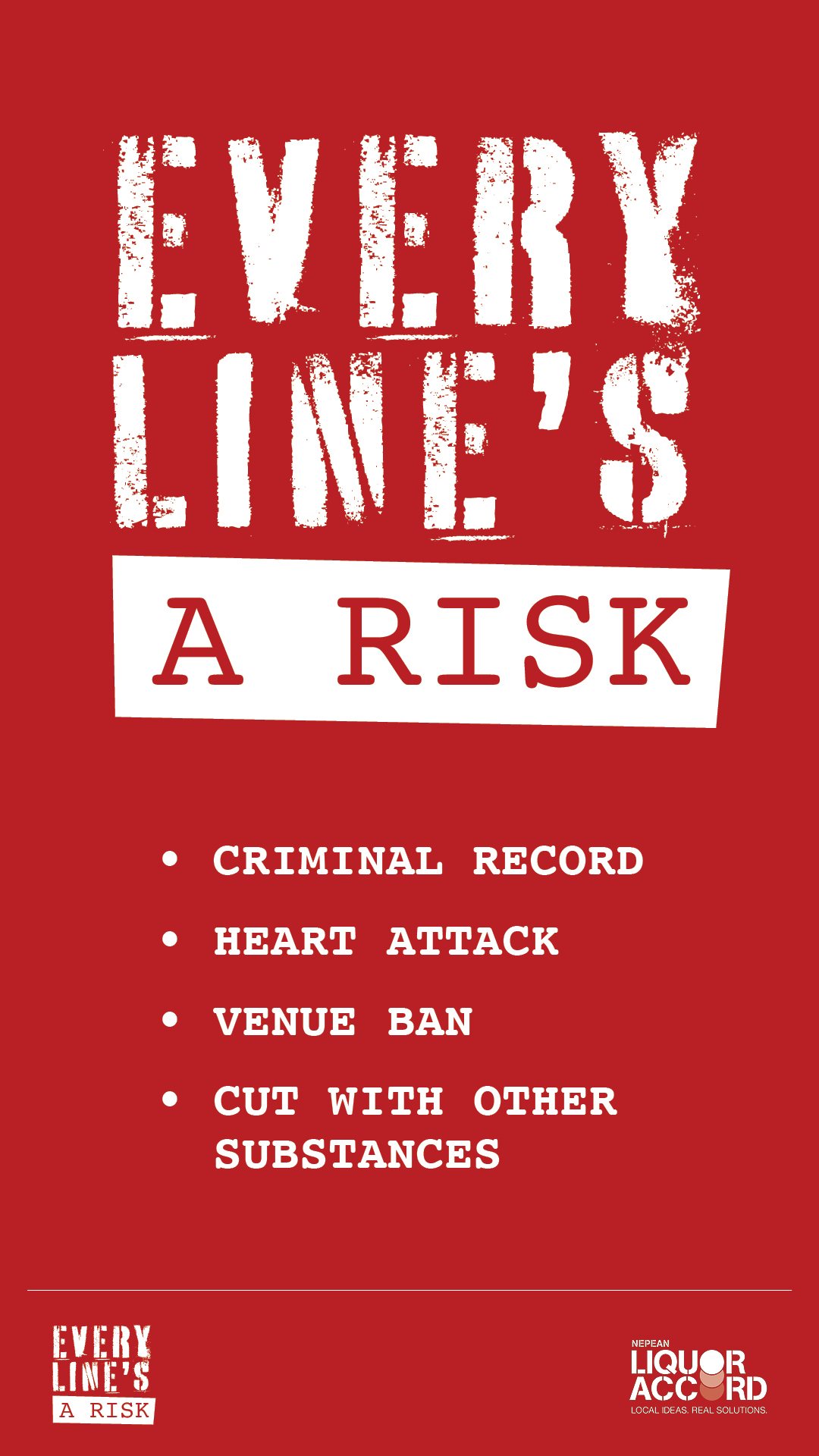 Venue poster listing criminal record, heart attack, venue ban and cut with other substances