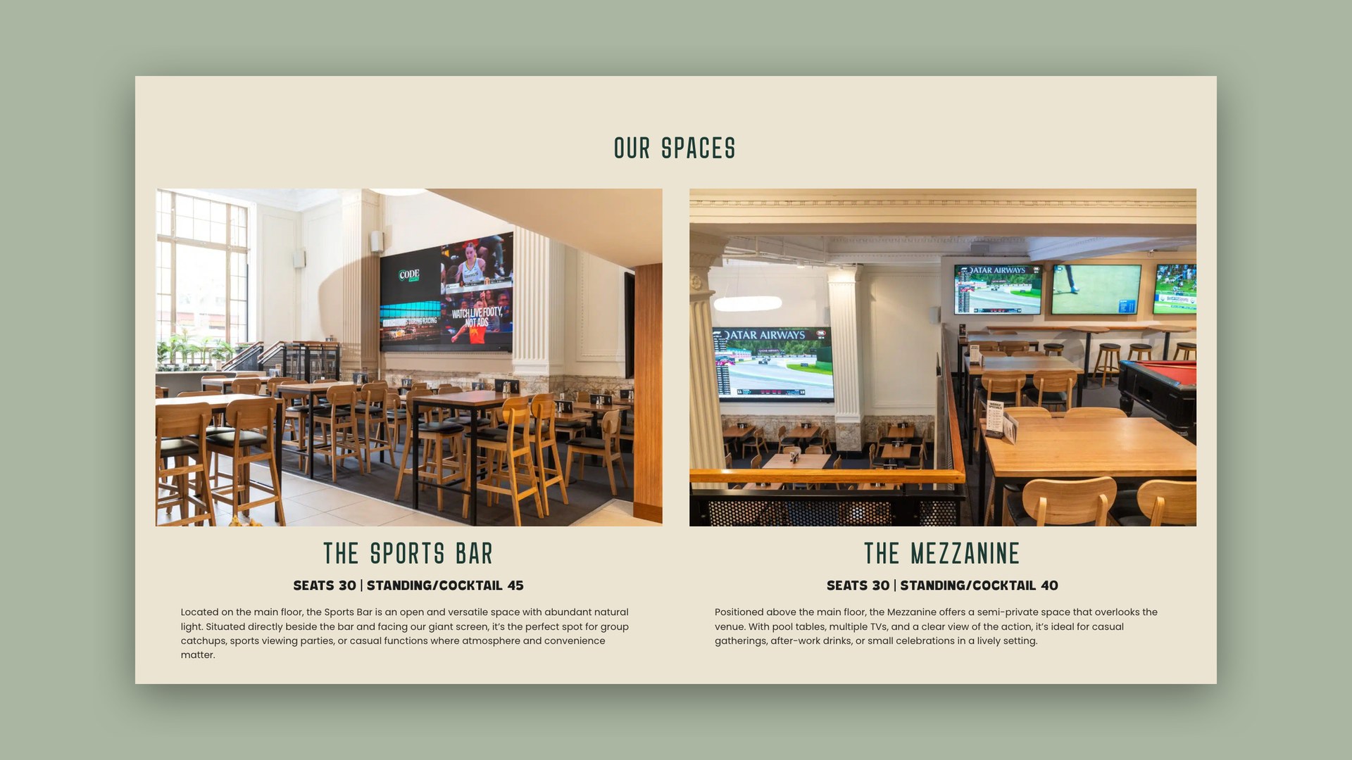 Falcone Hospitality website, venue spaces including the sports bar and mezzanine