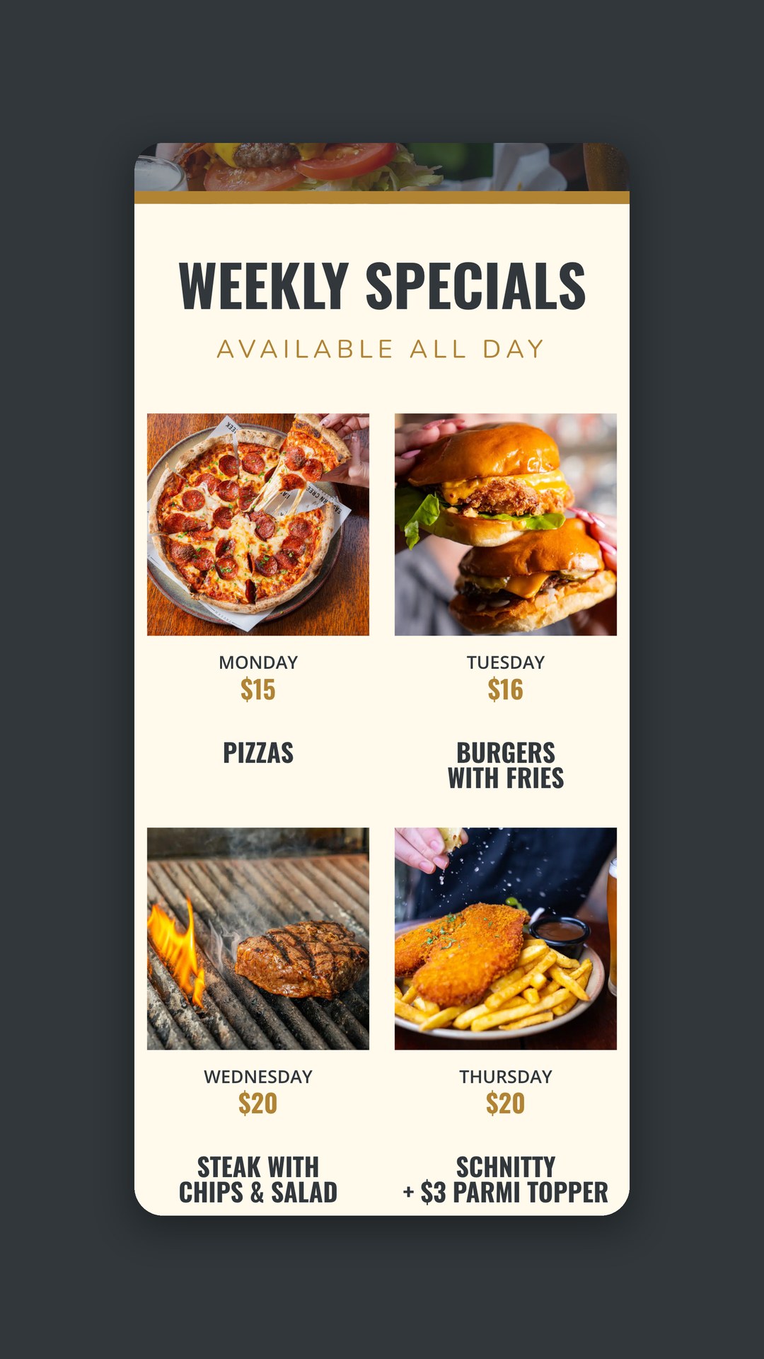 Falcone Hospitality weekly specials poster with six dishes