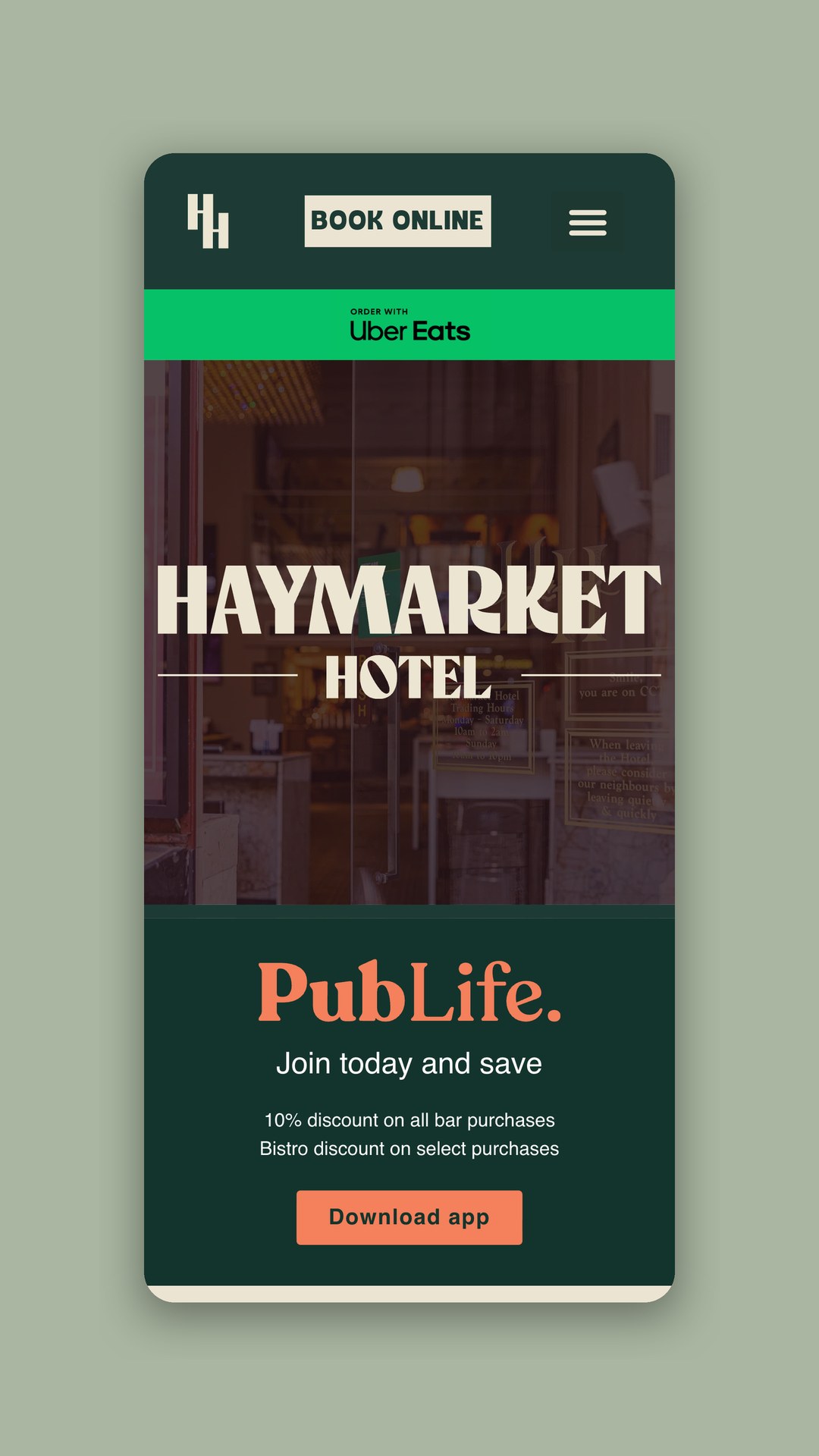 The Haymarket Hotel mobile website with PubLife membership