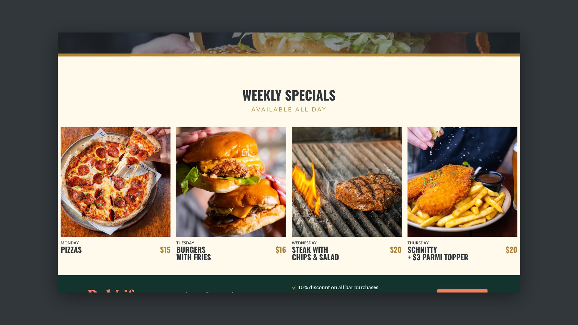 Falcone Hospitality website, weekly specials page